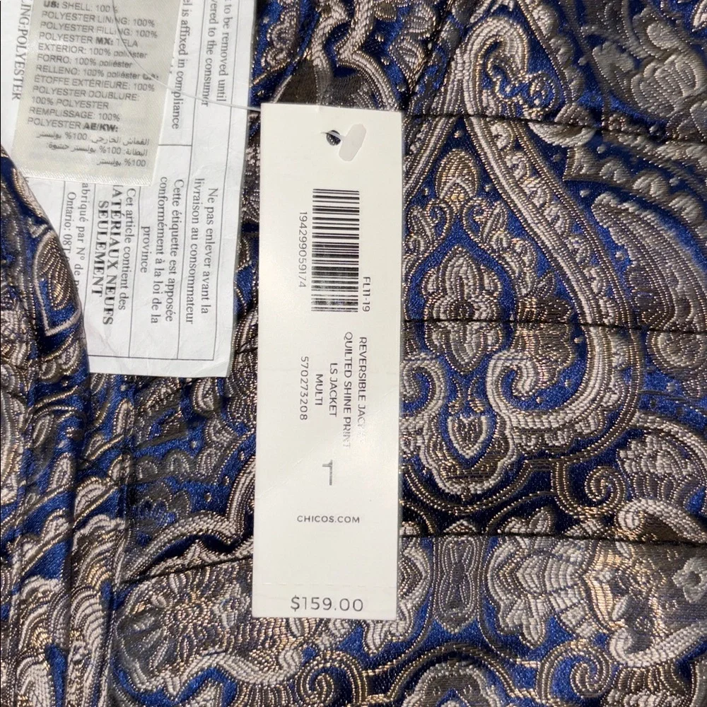 Chico's Blue & Gold/Black Reversible Quilted Shine Print Jacket Size 1 = 8 NWT - Picture 3 of 5